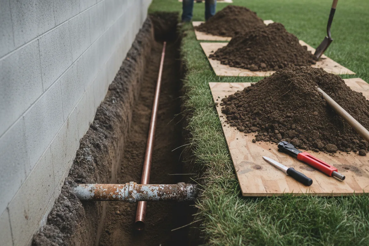 Excavated water line trench during Sewer Line Repair in Hurlburt Field
